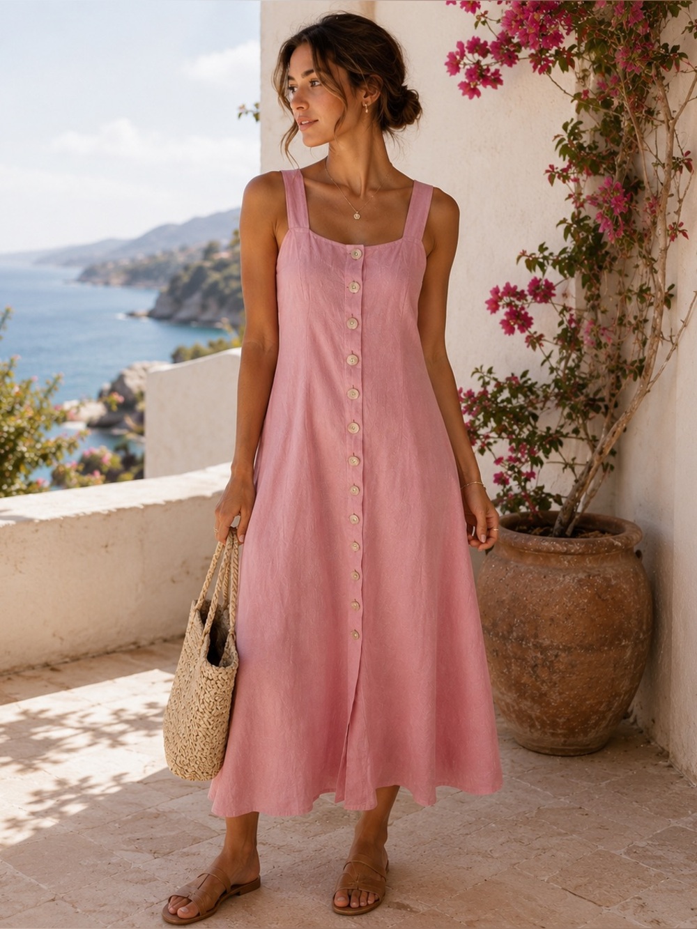 Vince Camuto Pink 100% Linen Midi Dress | Sz Large | Resort Coastal Cottagecore